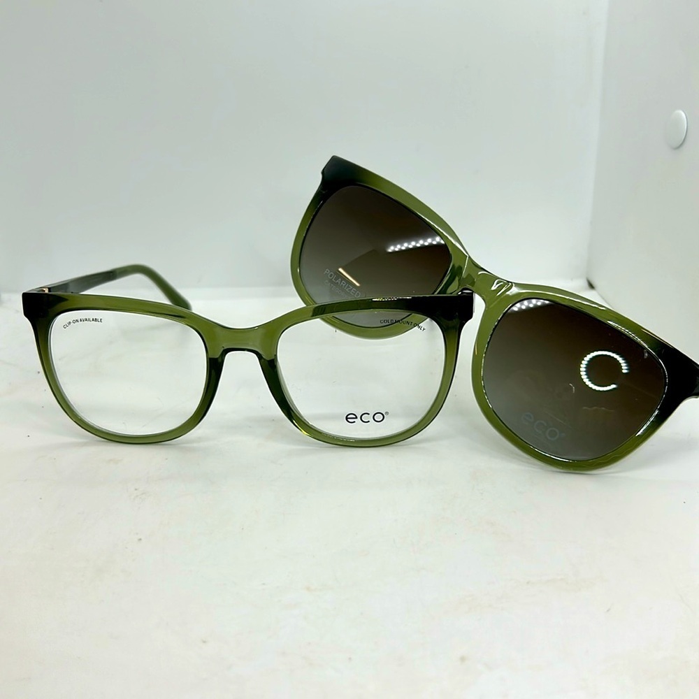 ECO Senna OGRN Olive GreenEyeglasses Frames & Polarized Sun Clip On. RXable. NWT